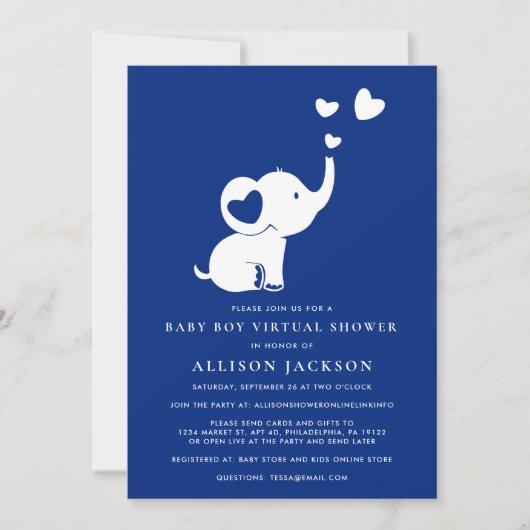 Elephant Minimal Baby Boy Virtual Shower Navy Blue Kaart (Voorkant)
