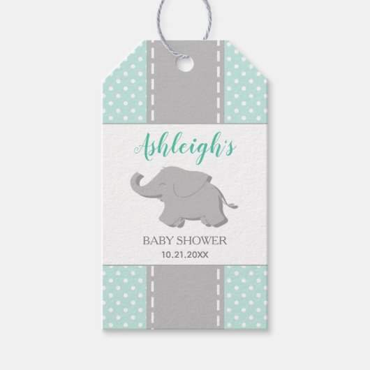 Elephant Mint Green Polka Dot Baby shower Favor Cadeaulabel (Voorkant)