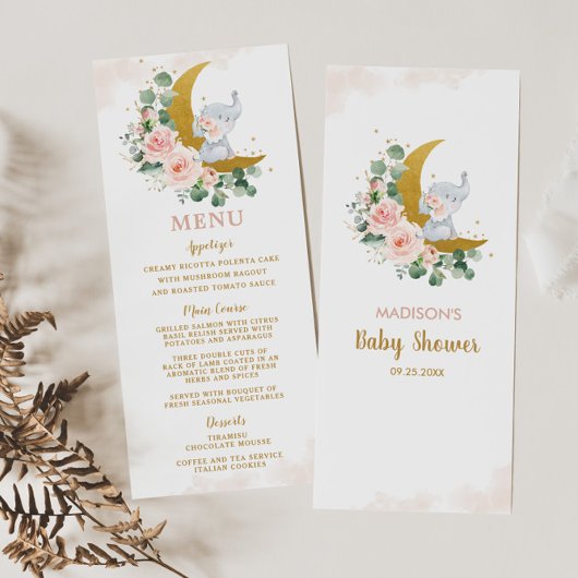 Eléphant Moon Blush Floral Rose Menu Baby shower