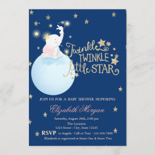 Elephant, Moon, Glitter StarsNavy Blue Baby shower Kaart