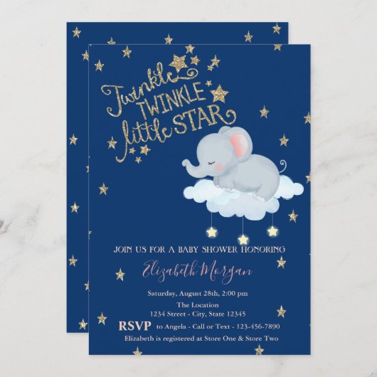 Elephant, Moon, Glitter StarsTwinkle Baby shower Kaart (Voorkant / Achterkant)