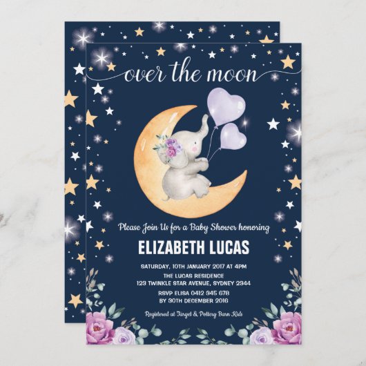 Elephant Moon Twinkle Little Stars Baby shower Kaart (Voorkant / Achterkant)