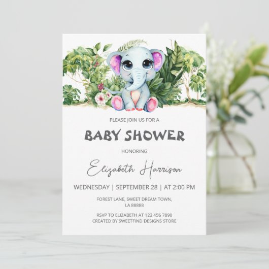 Elephant Oerwoud Girl Baby shower Kaart (Staand voorkant)