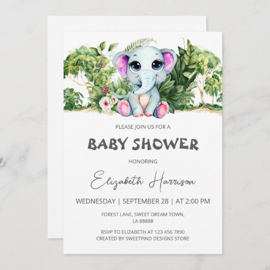 Elephant Oerwoud Girl Baby shower Kaart (Voorkant / Achterkant)