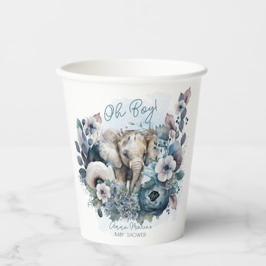 Elephant Oh Boy Blue Floral Baby shower Papieren Bekers (Voorkant)