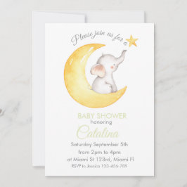 Elephant on Moon Baby Shower Invitation Kaart