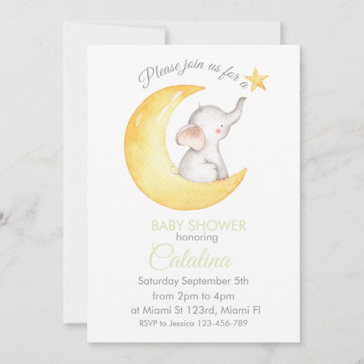 Elephant on Moon Baby Shower Invitation Kaart (Voorkant)