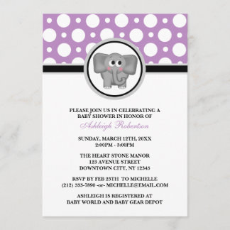 Elephant Paars Polka Dot Baby Shower Invitations Kaart
