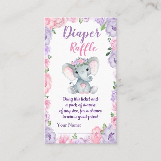 Elephant paars roze diaper Raffle Ticket Floral (Voorkant)