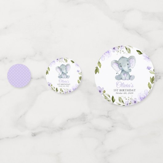 Elephant, paarse bloemen, eerste verjaardag confetti (Voorkanten)
