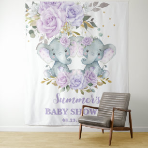 Elephant Paarse Floral Twins Baby shower Achtergro Wandkleed