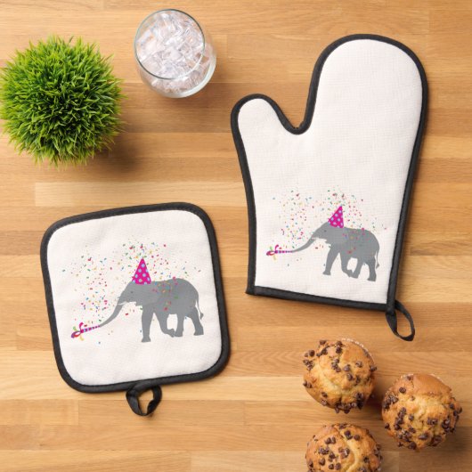 Elephant Partding - Dieren met een partij Ovenwant & Pannenlap Set (Top down)