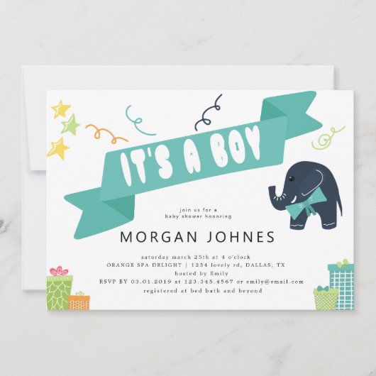 Elephant Party Boy | Invitation Baby shower (Devant)