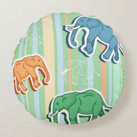 Elephant Pattern on Green Stripes Rond Kussen (Voorkant)