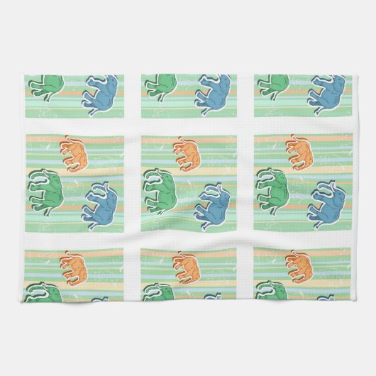 Elephant Pattern on Green Stripes Theedoek (Horizontaal)