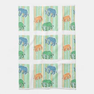 Elephant Pattern on Green Stripes Theedoek