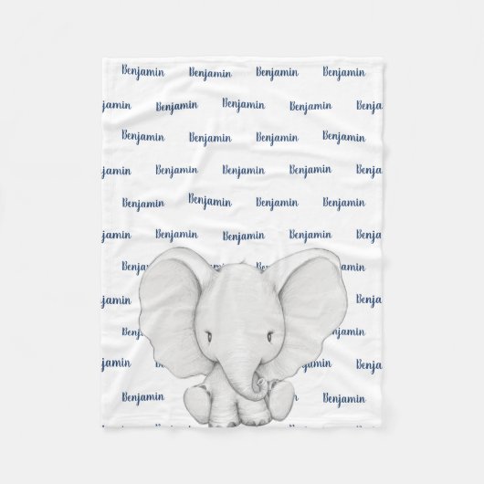 Elephant Personalized Navy Blue Name Boy Fleece Deken (Voorkant)