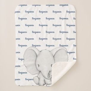 Elephant Personalized Navy Blue Name Boy Sherpa Deken