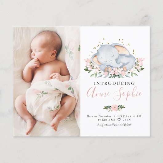 Elephant Photo Budget Birth Notice Cards (Voorkant)