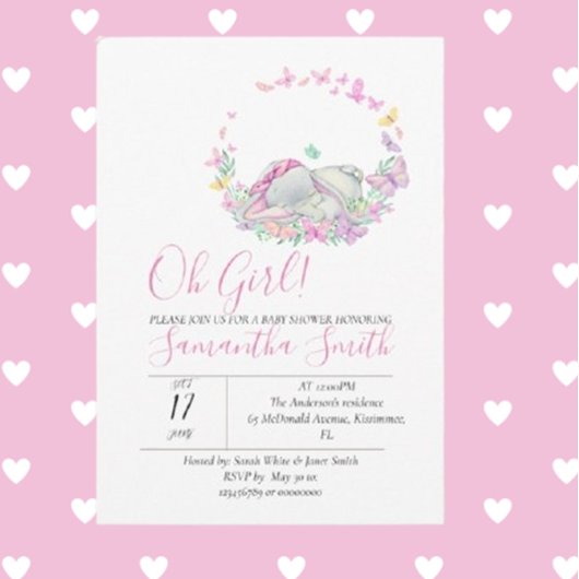 Elephant Pink Butterflies Baby shower Uitnodiging