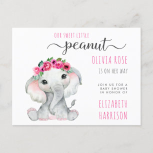 Elephant Pink Floral Baby Girl Shower Uitnodiging Briefkaart