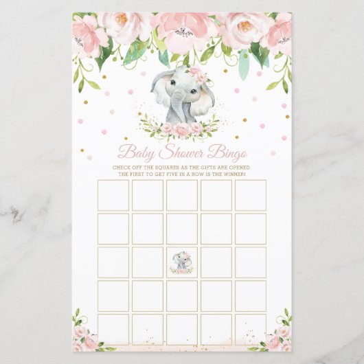 Elephant Pink Floral Baby shower Bingo Game (Voorkant)