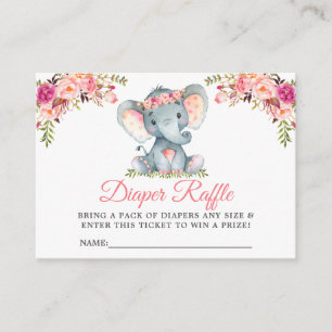 Elephant Pink Floral Baby shower Diaper Raffle Informatiekaartje