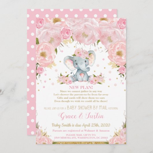 Elephant Pink Floral Baby shower e-mail Girl Kaart (Voorkant / Achterkant)