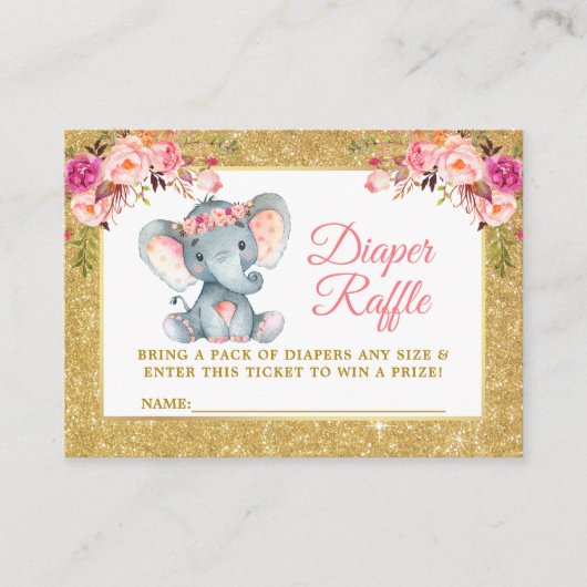 Elephant Pink Floral Diaper Raffle Shower Glitter Informatiekaartje (Voorkant)