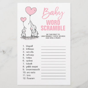 Elephant Pink White Girl Baby shower WORD SCRAMBLE Flyer