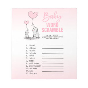 Elephant Pink White Girl Baby shower WORD SCRAMBLE Notitieblok