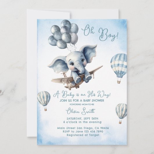 Elephant Plane Adventure Oh Boy Baby shower Kaart (Voorkant)
