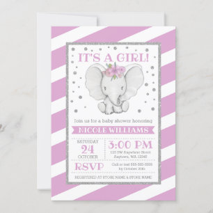 Elephant Purple Stripes Bébé Douche Invitations