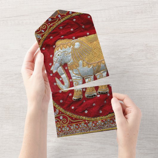 Elephant Red en Gold in India All In One Uitnodiging (Afscheurbaar)