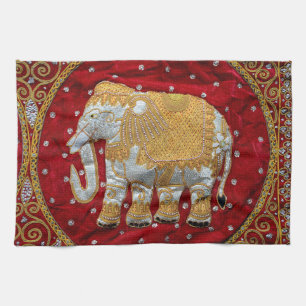 Elephant Red en Gold in India Theedoek