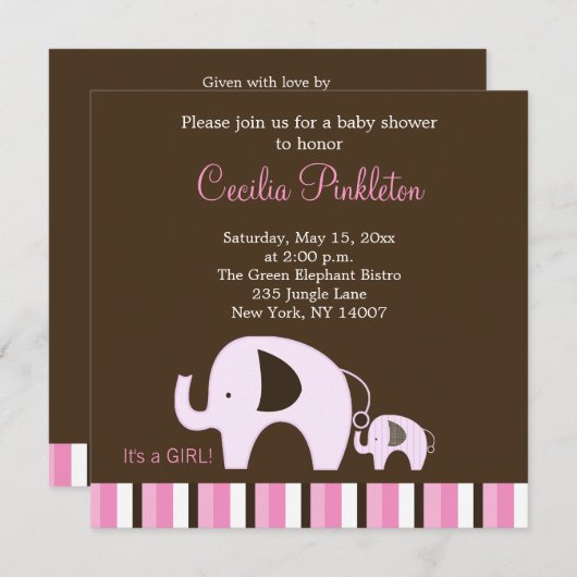 Eléphant rose (C'est une fille) 5x5 Invitation (Devant / Derrière)