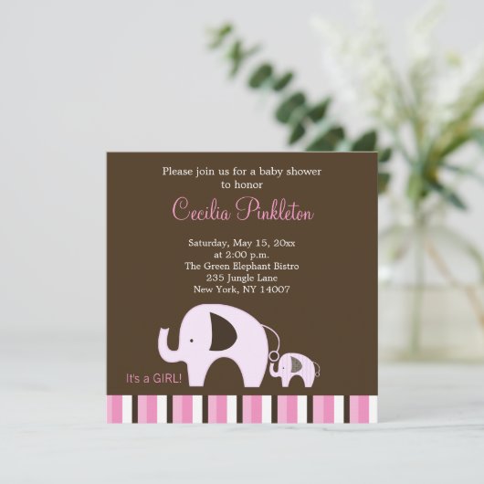 Eléphant rose (C'est une fille) 5x5 Invitation (Debout devant)