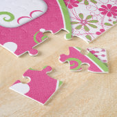 Eléphant rose et vert fantaisie et puzzle floral (Côté)