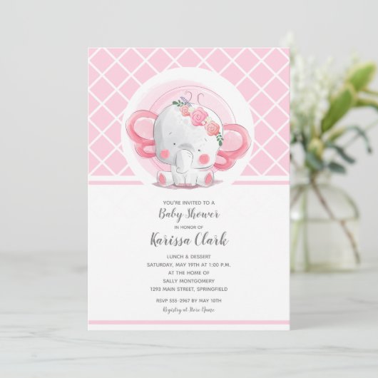 Eléphant rose Fille bébé douche Invitations (Debout devant)