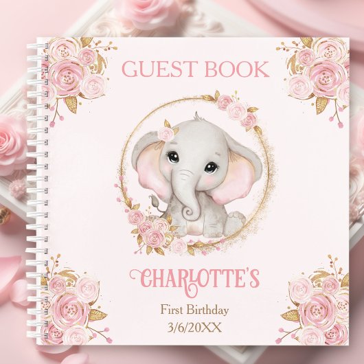Elephant Rose Floral 1er Anniversaire Nom Livre d'