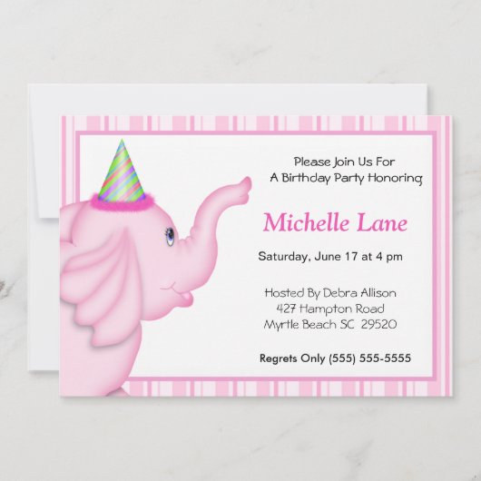 Eléphant rose Invitation d'anniversaire pour fille (Devant)