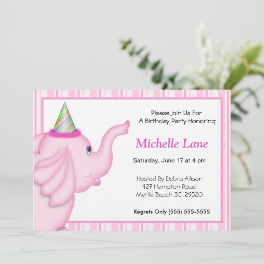 Eléphant rose Invitation d'anniversaire pour fille (Debout devant)