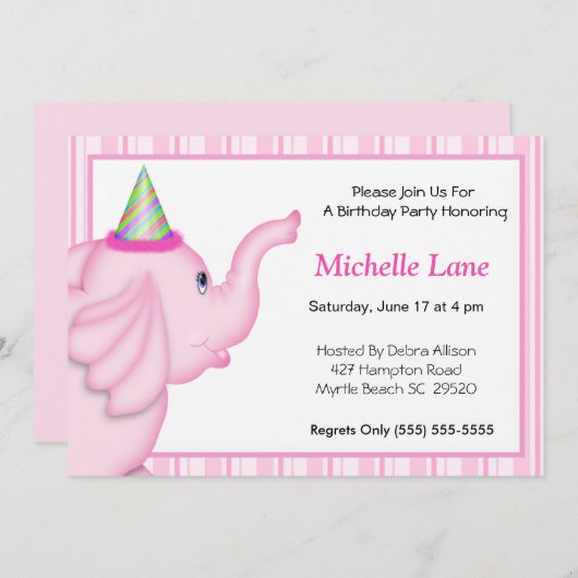 Eléphant rose Invitation d'anniversaire pour fille (Devant / Derrière)