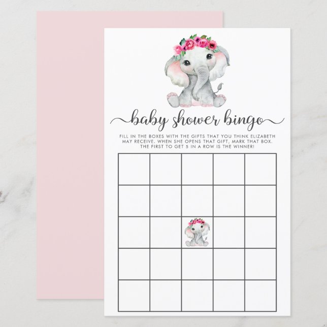 Elephant roze Waterverf Bingo Baby shower Game (Voorkant / Achterkant)