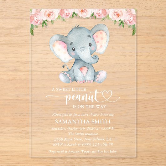 Elephant, roze Waterverf Flowers, Baby shower Acryl Uitnodigingen (Voorkant)