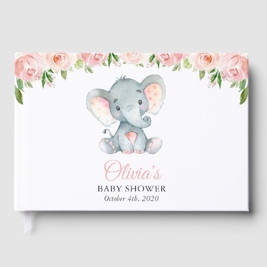 Elephant, roze Waterverf Flowers, Baby shower Gastenboek (Voorkant)