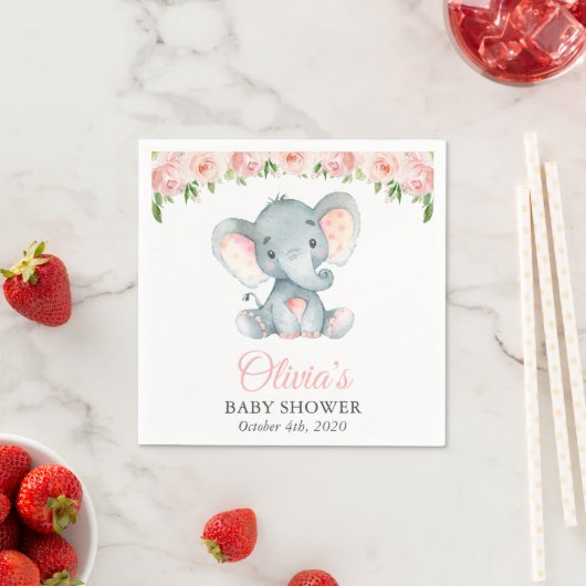 Elephant, roze Waterverf Flowers, Baby shower Servet (Insitu)