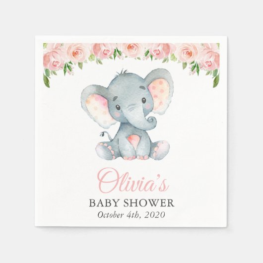 Elephant, roze Waterverf Flowers, Baby shower Servet (Voorkant)