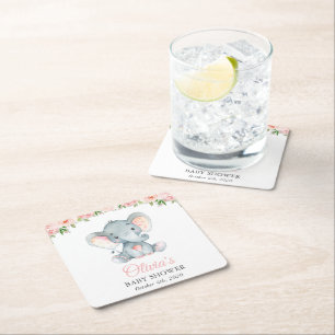 Elephant, roze Waterverf Flowers, Baby shower Vierkante Kartonnen Onderzetter