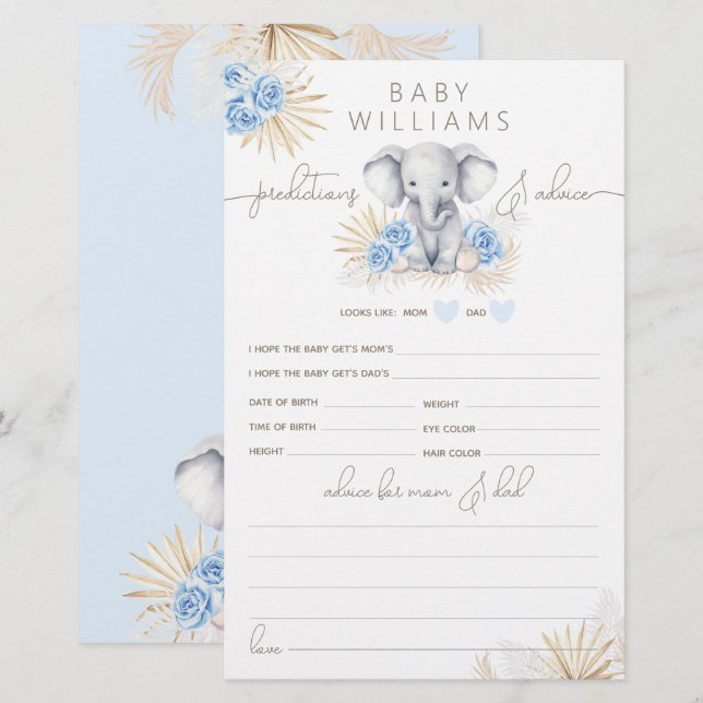 Elephant Safari Baby shower Boy Prediction Game (Voorkant / Achterkant)